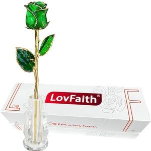 LovFaith Valentines Day Real Rose Dipped 24K Gold with Crystal Stand